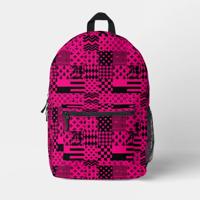 Pink Black Mixed Patterns Patchwork Design  Printed Backpack (Front)
