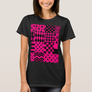 Pink Black Mixed Patterns Patchwork Design T-Shirt