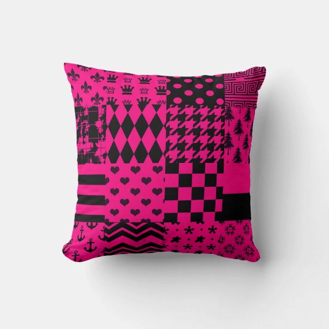 Pink Black Mixed Patterns Patchwork Design  Throw Pillow (Front)