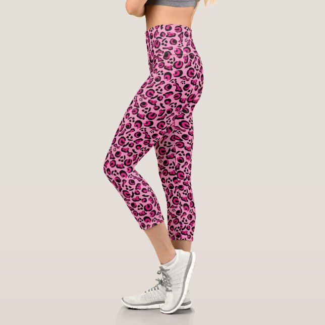 Pink Black Modern Animal Skin Spots Design Capri Leggings (Left)