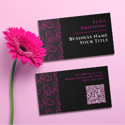   Pink &amp; Black Modern Elegant Girly Damask Pattern Business Card