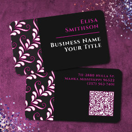   Pink &amp; Black Modern Elegant Girly Damask Pattern Business Card
