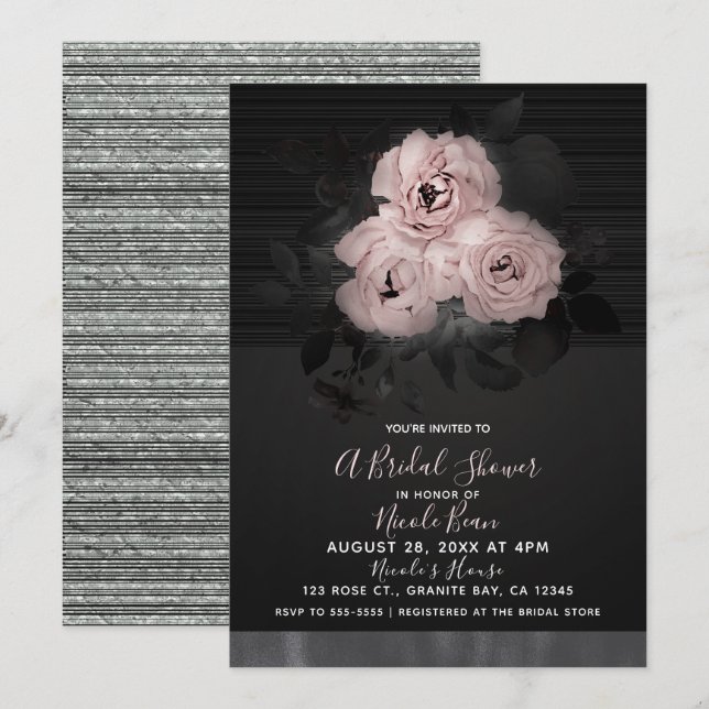 Pink & Black Modern Glam Floral Chic Bridal Shower Invitation (Front/Back)