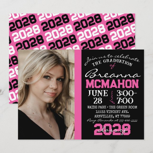 Pink & Black Modern Graduation Photo Invitation (Front/Back)