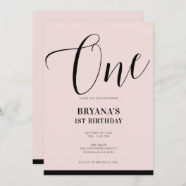 Pink Black Modern Minimal Script ONE 1ST Birthday Invitation