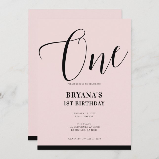 Pink Black Modern Minimal Script ONE 1ST Birthday  Invitation (Front/Back)