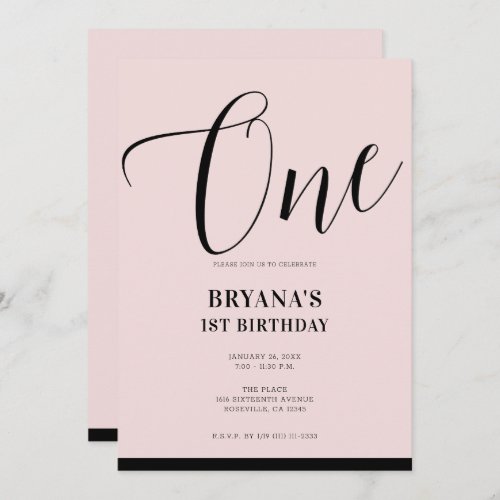 Pink Black Modern Minimal Script ONE 1ST Birthday  Invitation