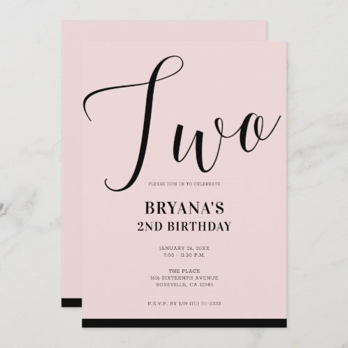 Pink Black Modern Minimal Script TWO 2ND Birthday  Invitation