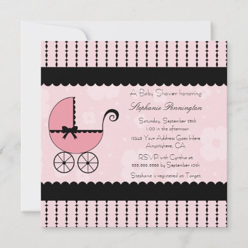 Pink black modern stroller baby shower invitation