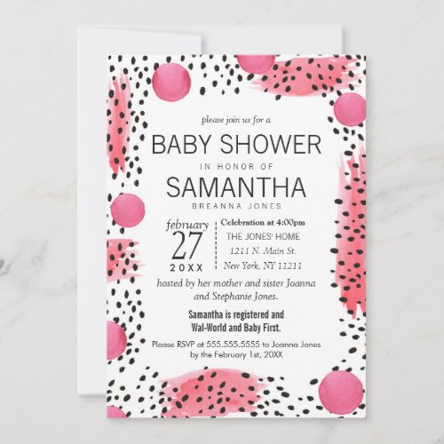 Pink Black Modern Watercolor Abstract Baby Shower Invitation