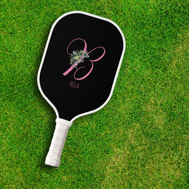 Pink black monogram flower letter B Pickleball Paddle (Creator Uploaded)