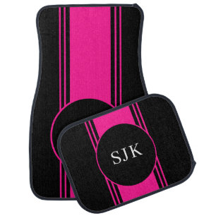 Pink Black Monogram Girly Stripe Custom Car Floor Mat