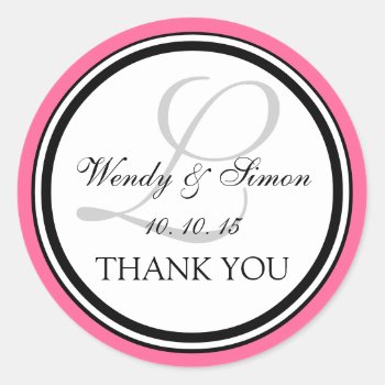 Pink Black Monogram L Wedding Thank You Classic Round Sticker by ElegantMonograms at Zazzle