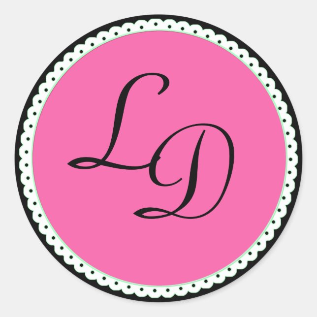 Pink & Black Monogram Sticker Wedding Stickers (Front)