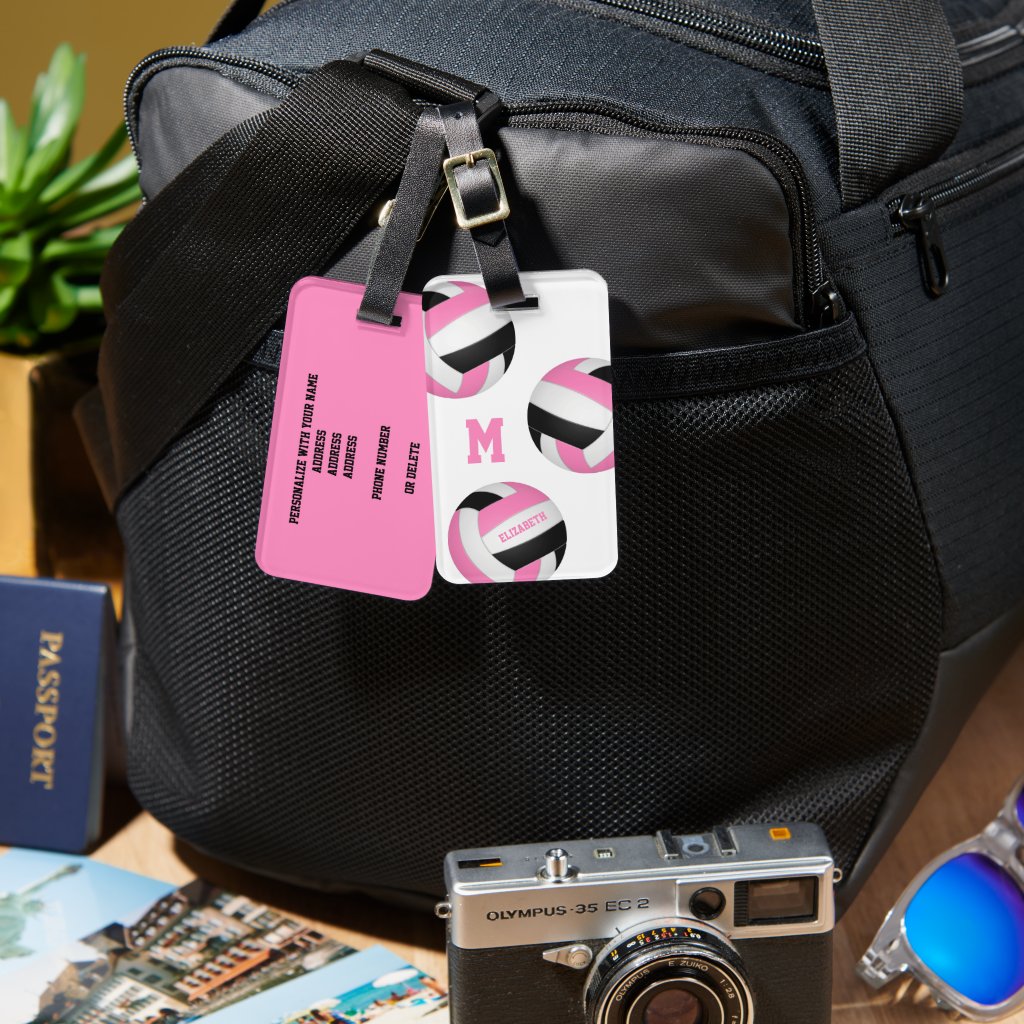pink black monogrammed volleyball bag luggage tag
