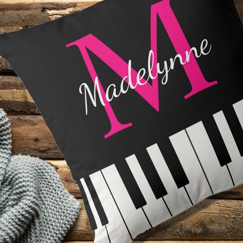 Pink Black Music Theme Piano Keyboard Monogram Throw Pillow