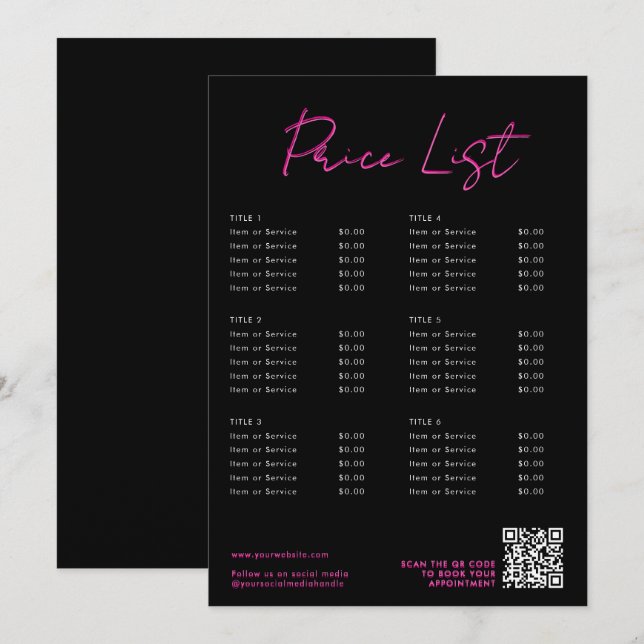 Pink & Black Neon Beauty Price List Menu QR Code (Front/Back)