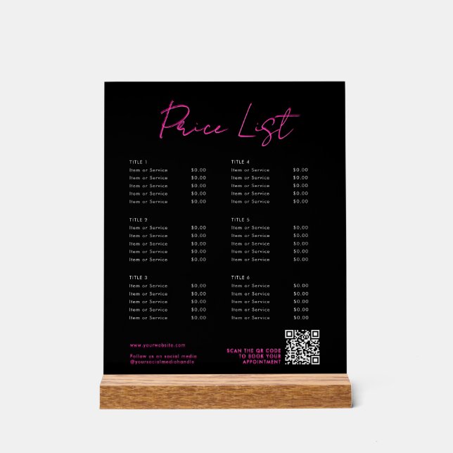 Pink & Black Neon Beauty Price List Menu QR Code Acrylic Sign (Front)