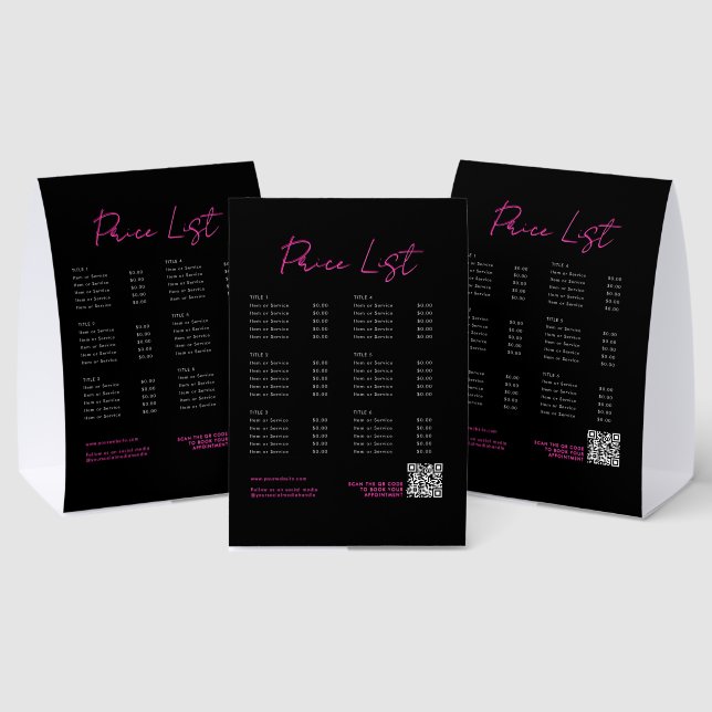 Pink & Black Neon Beauty Price List Menu QR Code Paper Table Tent (Insitu(Multi))
