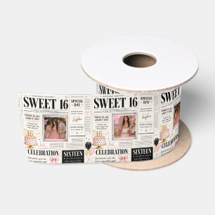 Pink Black Newspaper Sweet 16 2 Photo Custom Name Satin Ribbon
