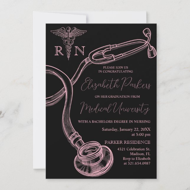 Pink Black Nursing School Graduation Party Invitation (Front)