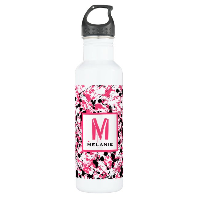 Pink & Black Paint Splatter Monogram Water Bottle (Front)