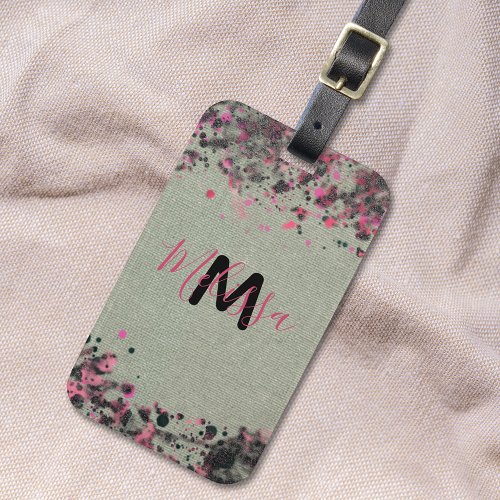 Pink Black Paint Splatters On Canvas Name Monogram Luggage Tag