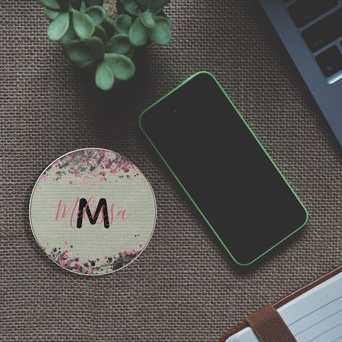 Pink Black Paint Splatters On Canvas Name Monogram Wireless Charger