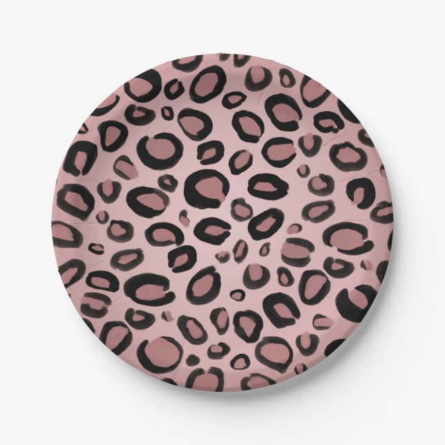 Pink & Black Painted Cheetah Leopard Print Spots Paper Plates (Front)