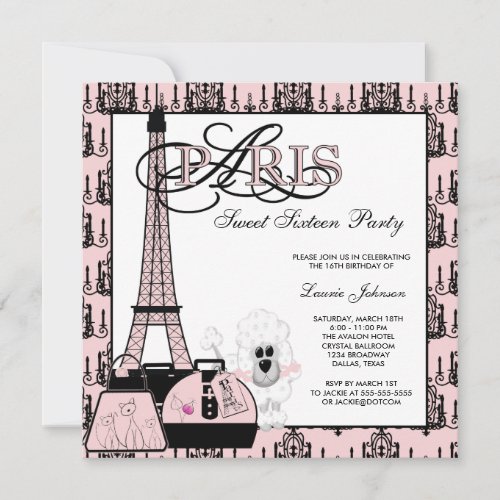 Pink Black Paris Chandelier Sweet Sixteen Party Personalized Invites