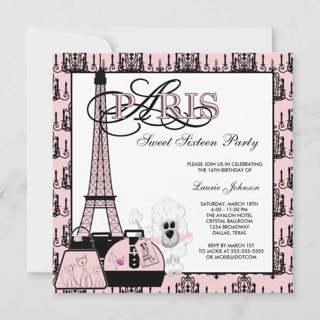 Pink Black Paris Chandelier Sweet Sixteen Party Invitation (Front)