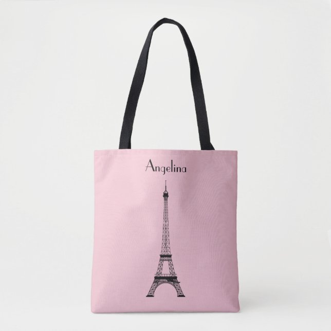 Pink Black Paris Eiffel Tower with Name Tote Bag (Front)