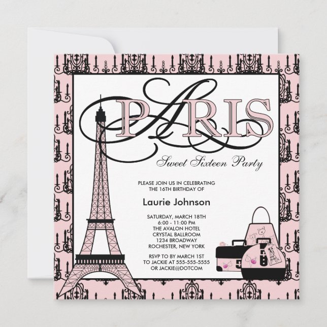 Pink Black Paris Sweet 16 Birthday Party Invitation (Front)
