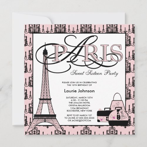 Pink Black Paris Birthday Party Personalized Invitation