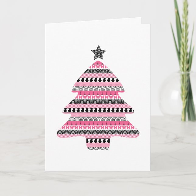 Pink & Black Patchwork Christmas Tree Holiday Card (Front)