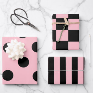 Pink & Black Patterns Stripes, Checkers, Polka Dot Wrapping Paper Sheets
