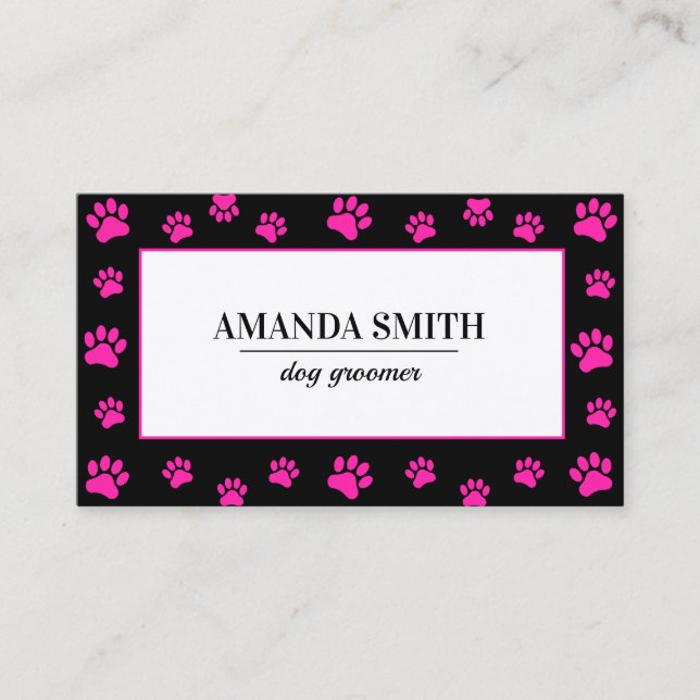 Pink & Black Paw Prints Dog Groomer Business Card (Front)