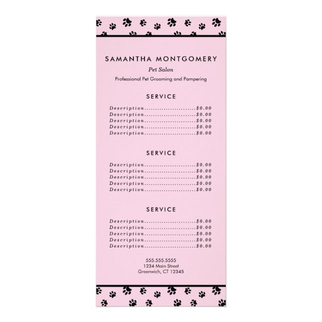 Pink Black Paws Professional Pet Sitter Services Rack Card (Front)