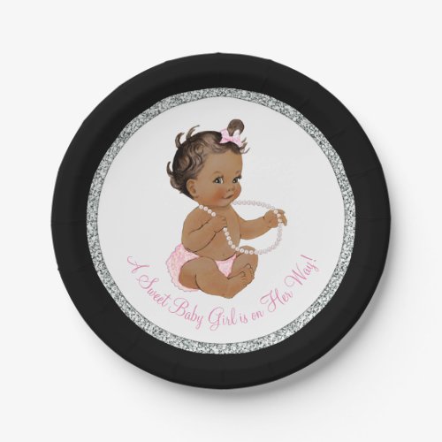 Pink Black Pearl Ethnic Girl Baby Shower Paper Plates