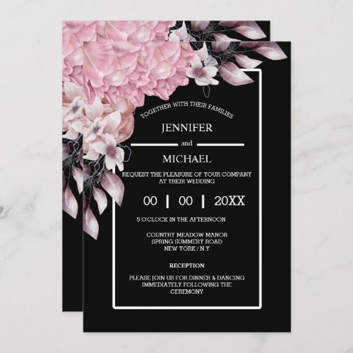 Pink black peony floral dark moody elegant night invitation