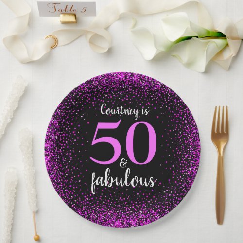 Pink  black personalized 50 and fabulous paper paper plates