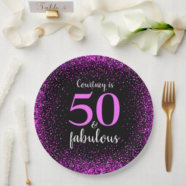 Pink & black personalized 50 and fabulous paper plates (Wedding)
