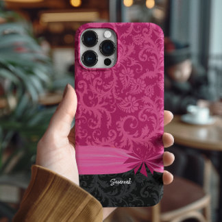Pink & Black Personalized Damask iPhone Cover- 16 Pro Case