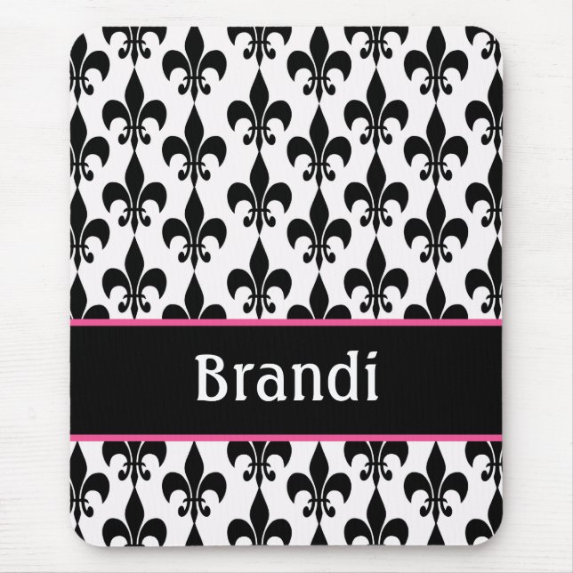 Pink Black Personalized Fleur de Lis Mouse Pad (Front)