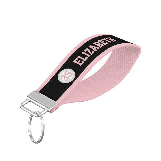 Pink black personalized girls volleyball wrist keychain (Angled Down)