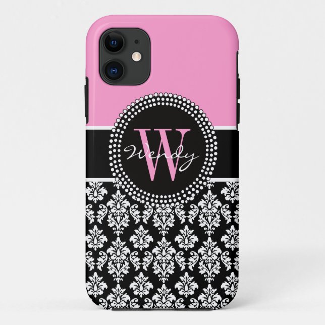 Pink Black Personalized Initial Damask Case-Mate iPhone Case (Back)