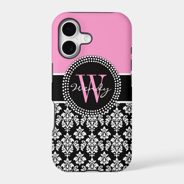 Pink Black Personalized Initial Damask Iphone Case (Back)