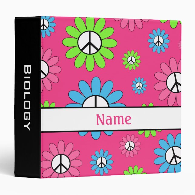 Pink Black Personalized Peace Sign Retro School 3 Ring Binder (Front/Spine)