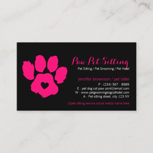 Pink Black Pet Sitter Social Media Dog Cat Paw Business Card