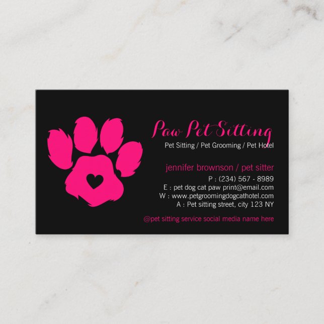 Pink Black Pet Sitter Social Media Dog Cat Paw Business Card (Front)